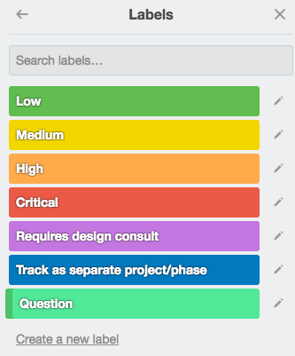 Trello's labels tool enables you to prioritize for cards and flag items for discussion.