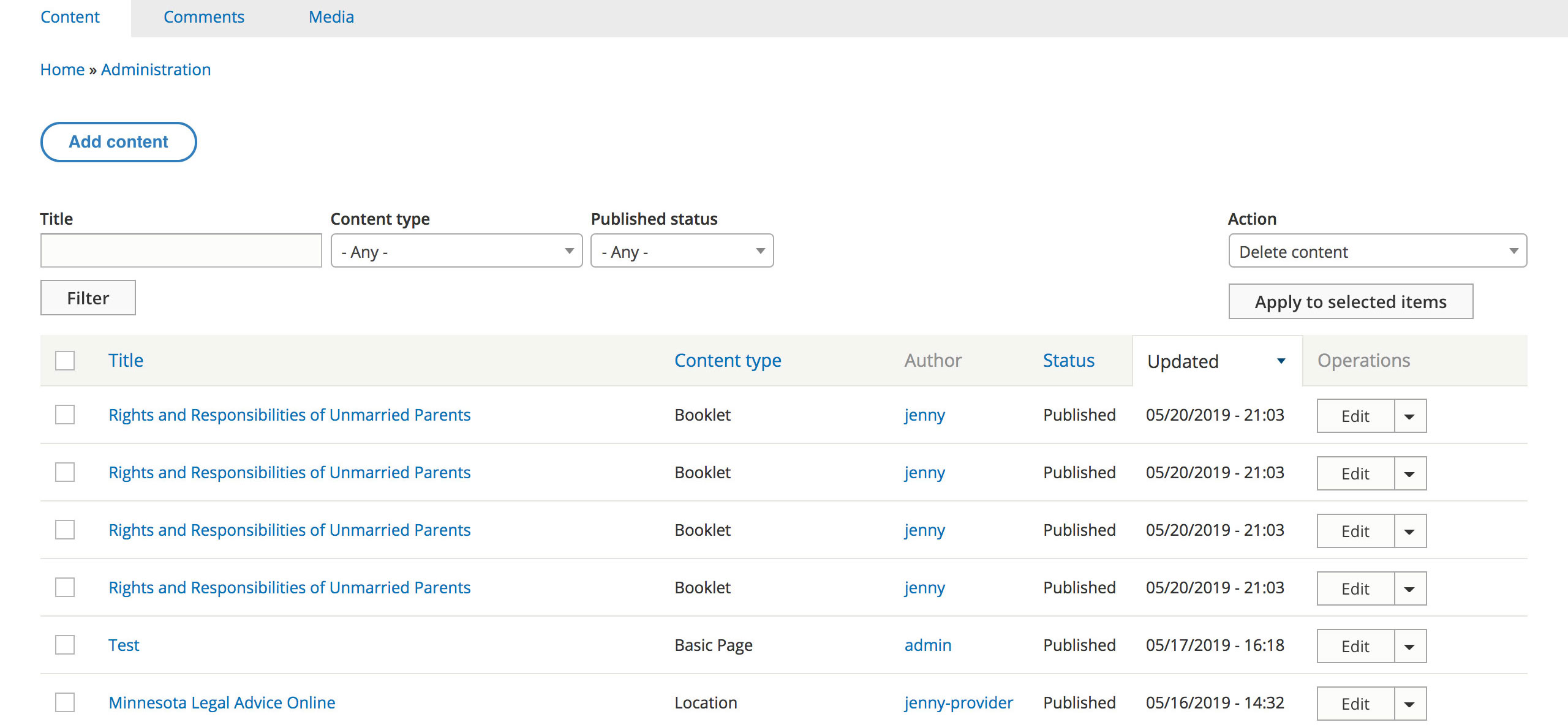 Screenshot of duplicate results on the Drupal 8 Admin Content screen