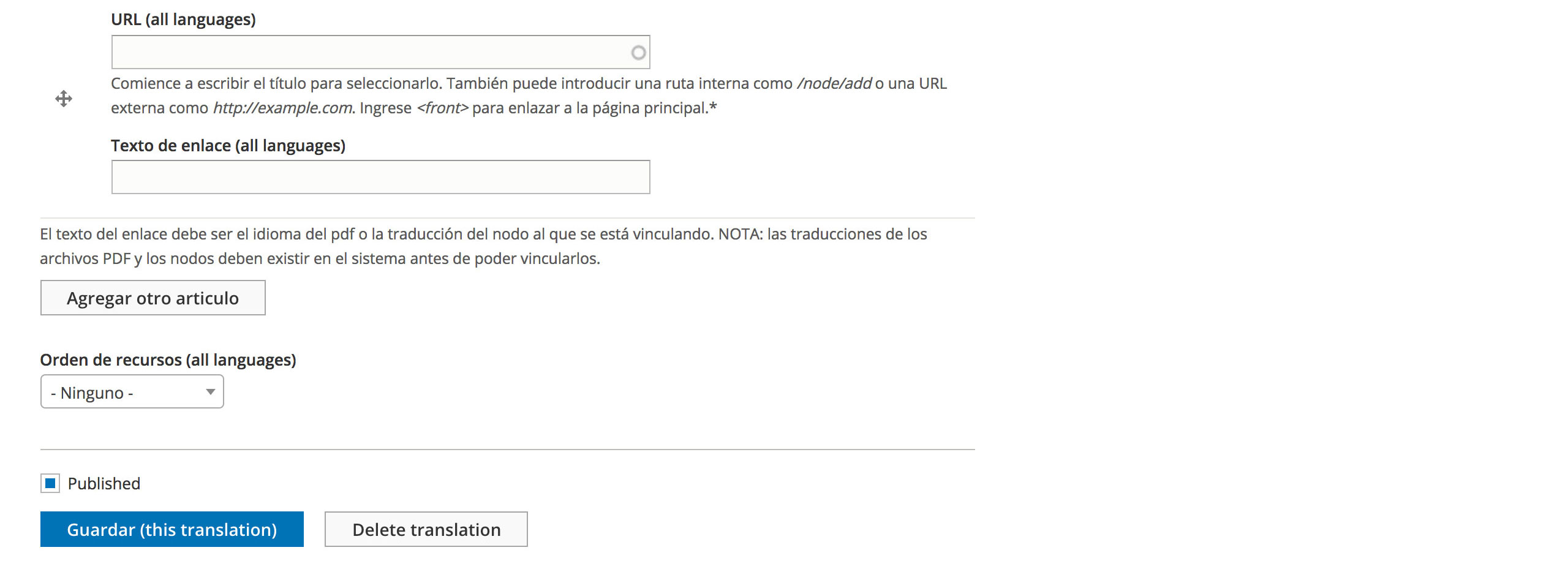 Screenshot of a Spanish translation node edit form