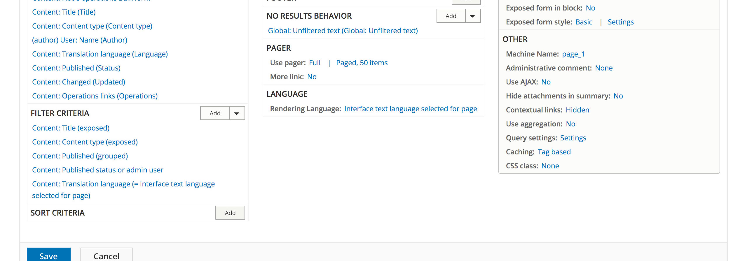 Screenshot of translation language filters on the Drupal 8 Views admin content UI