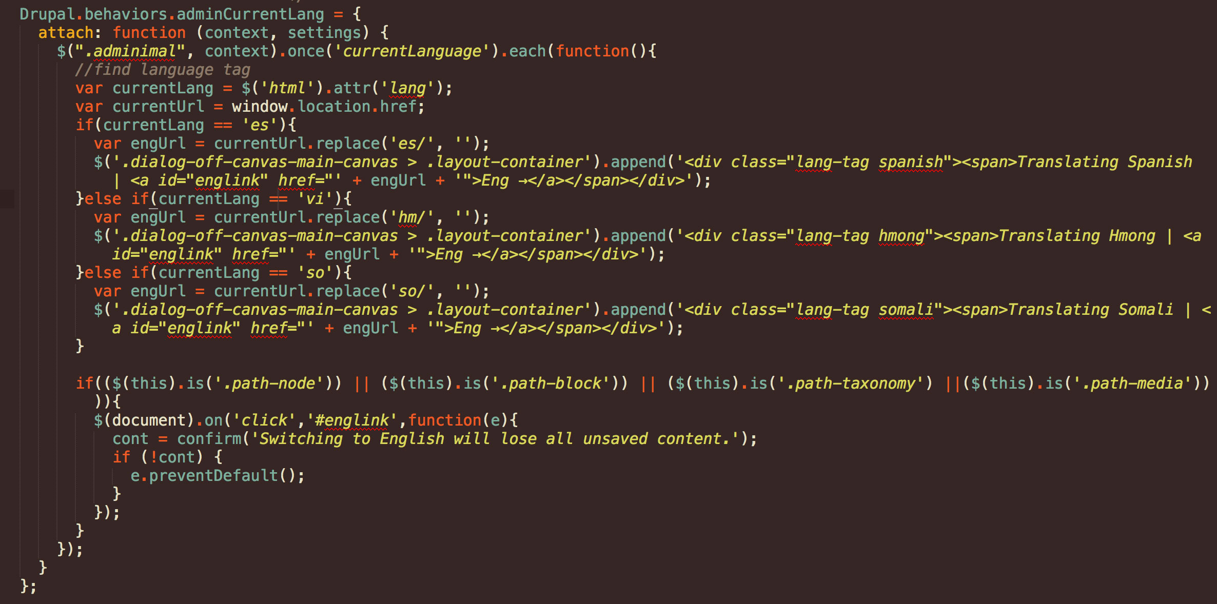Screenshot of JS code to provide custom current language tag on admin theme