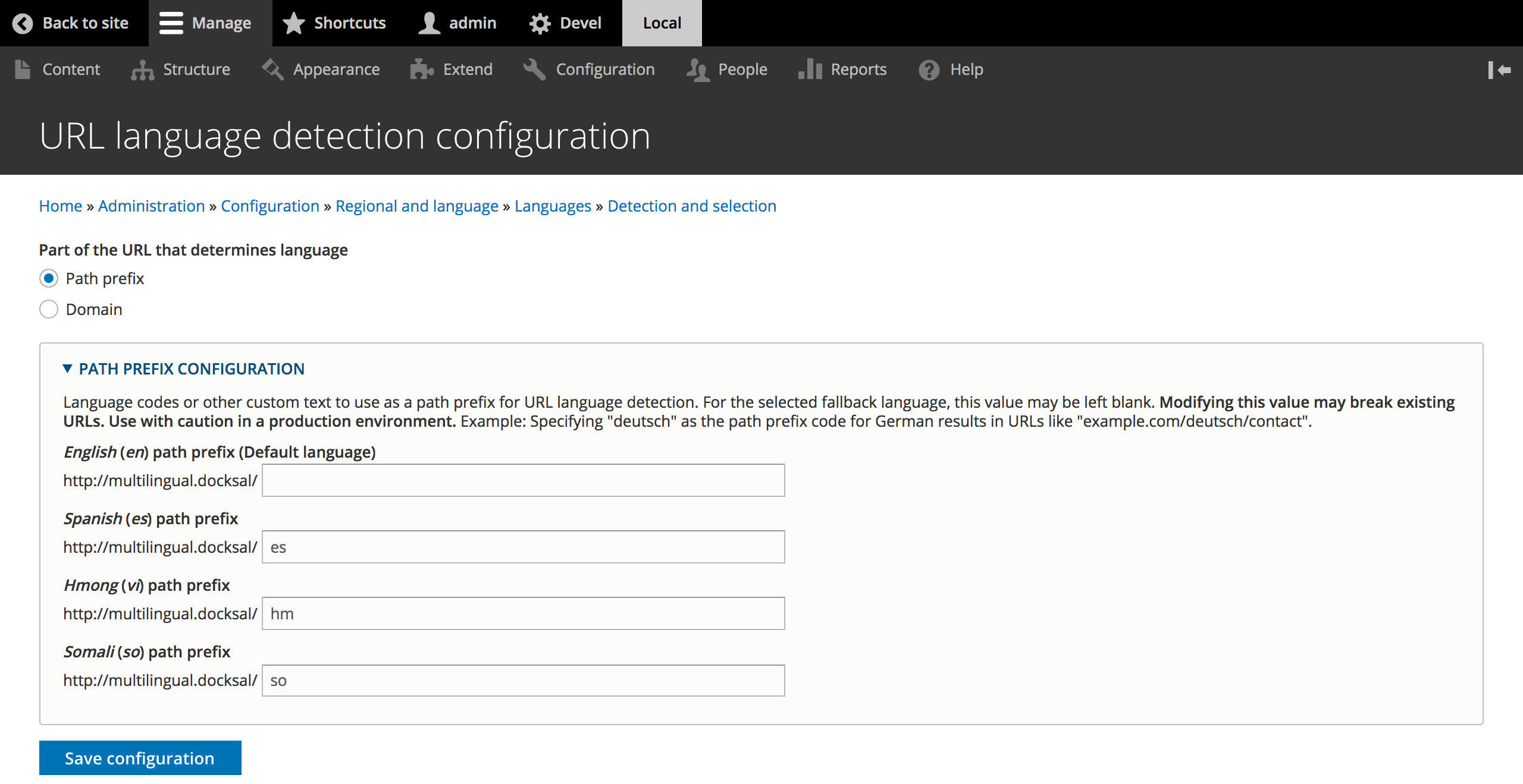 Drupal languages interface URL detection prefix customization screenshot