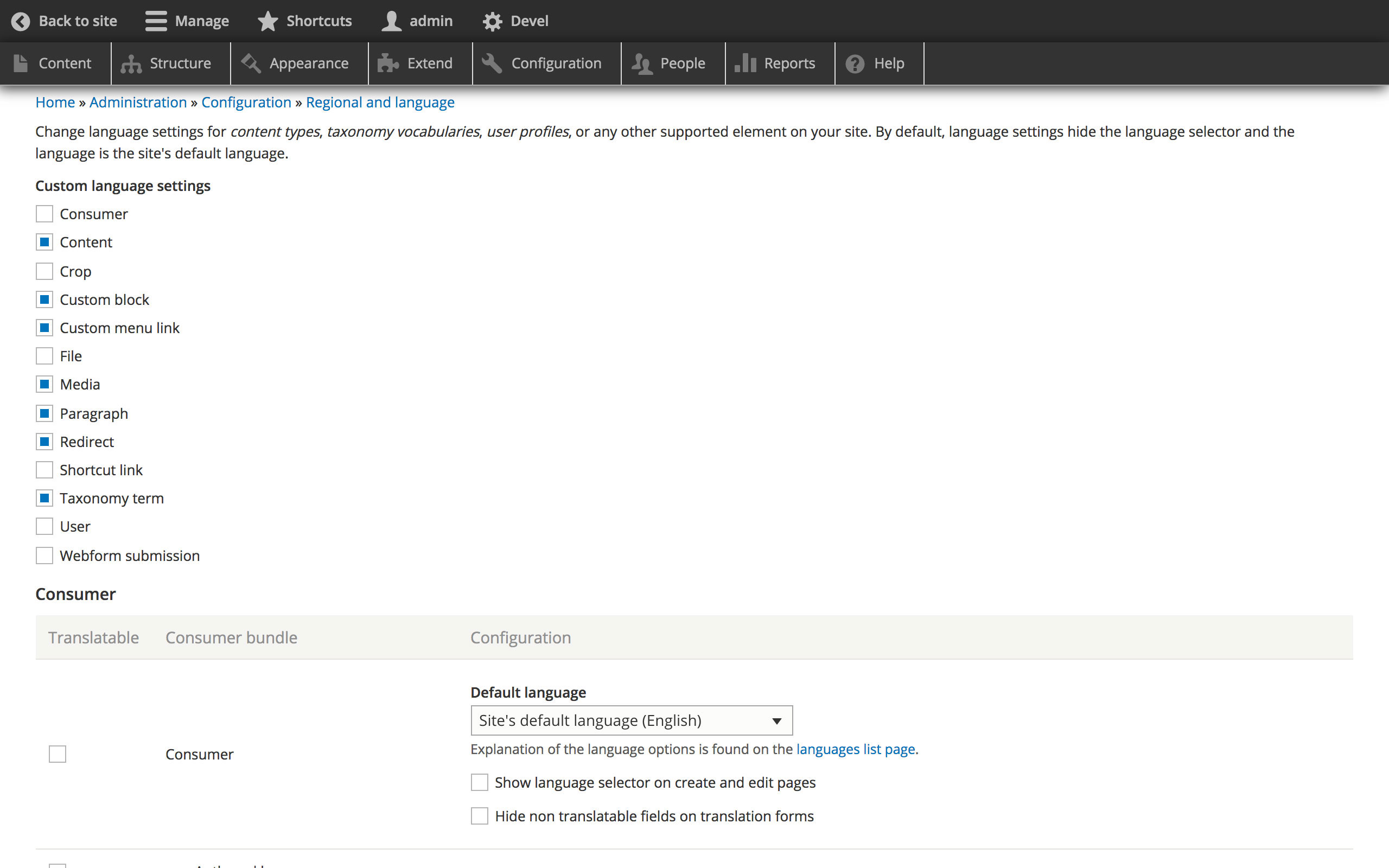 Drupal content translation interface screenshot