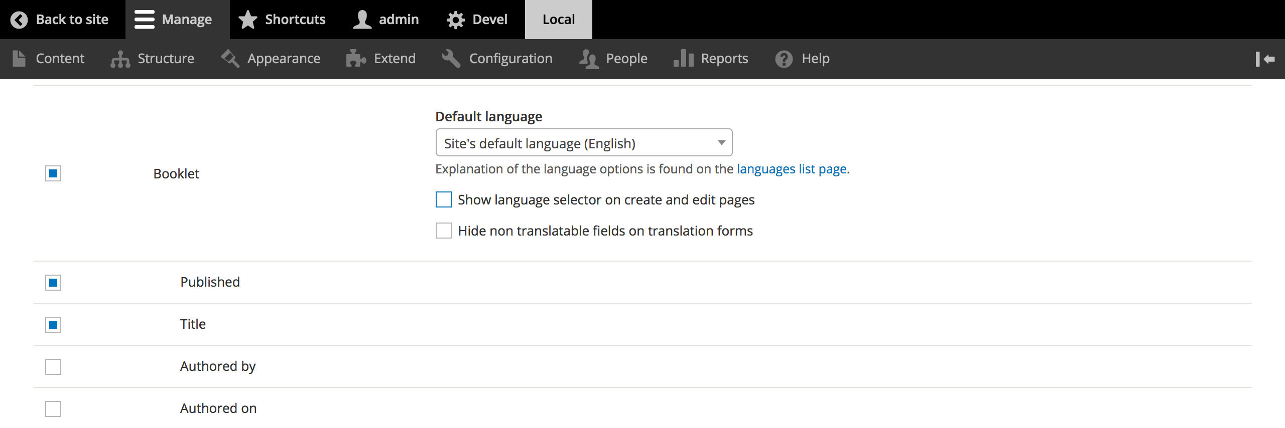 Drupal content translation interface fields close up screenshot