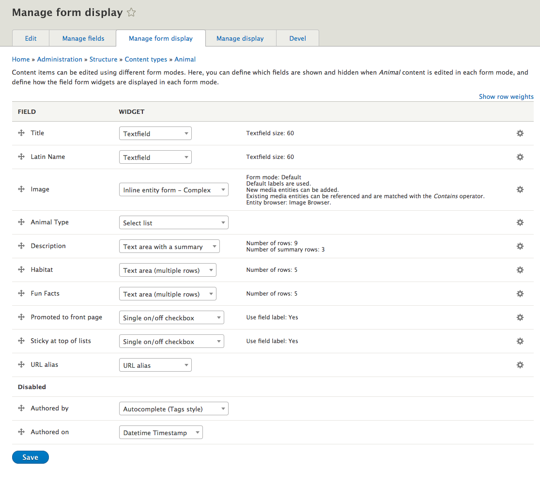 example of the new "manage form display" option on content types in Drupal 8