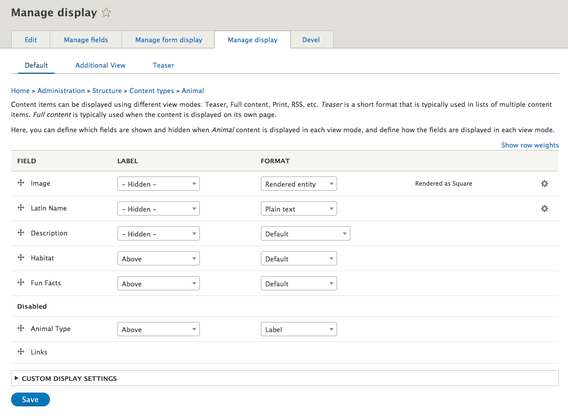 example of the manage display screen for content types in Drupal 8