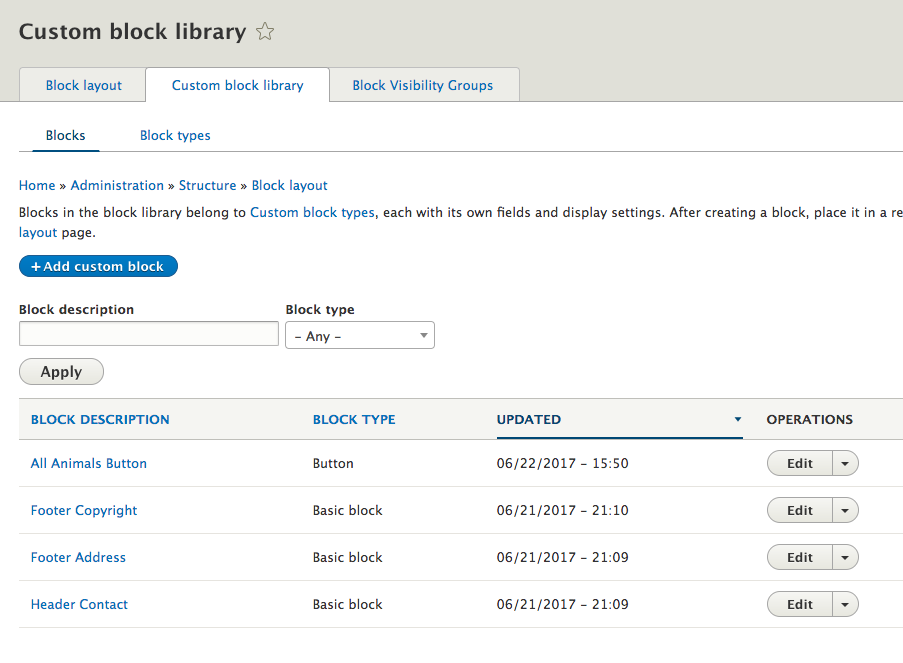 screenshot of the Custom Block options available in Drupal 8