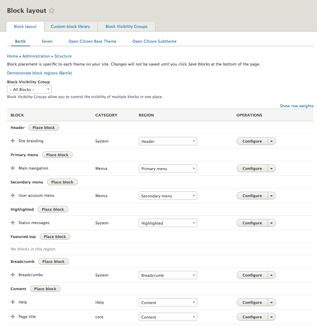 screenshot of the Blocks Admin UI in Drupal 8, with Block Visibility active