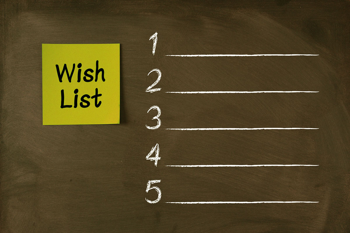 blackboard with "wish list" written on a post-it note and blank entries 1 through 5