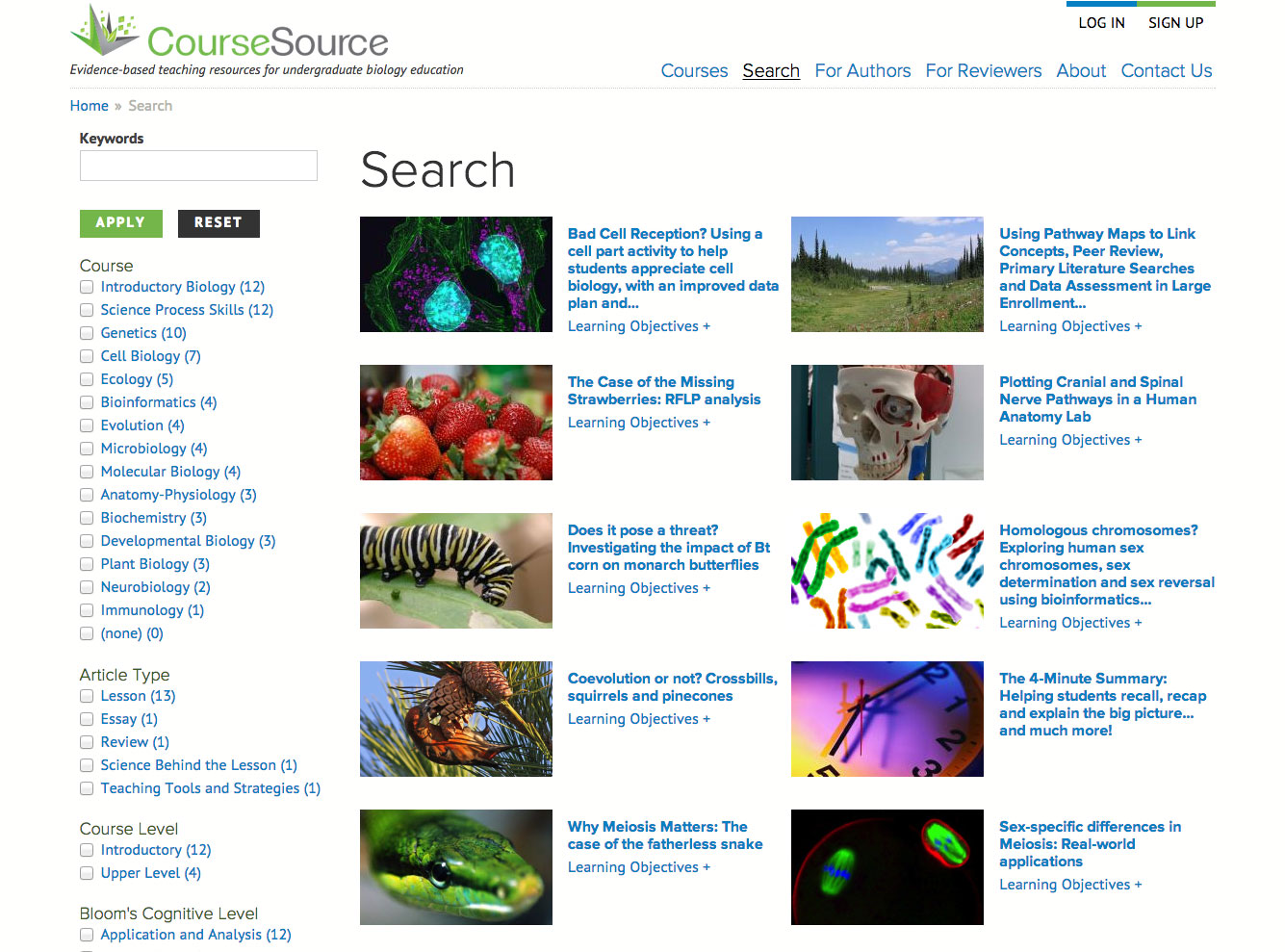 search page on Course Source website