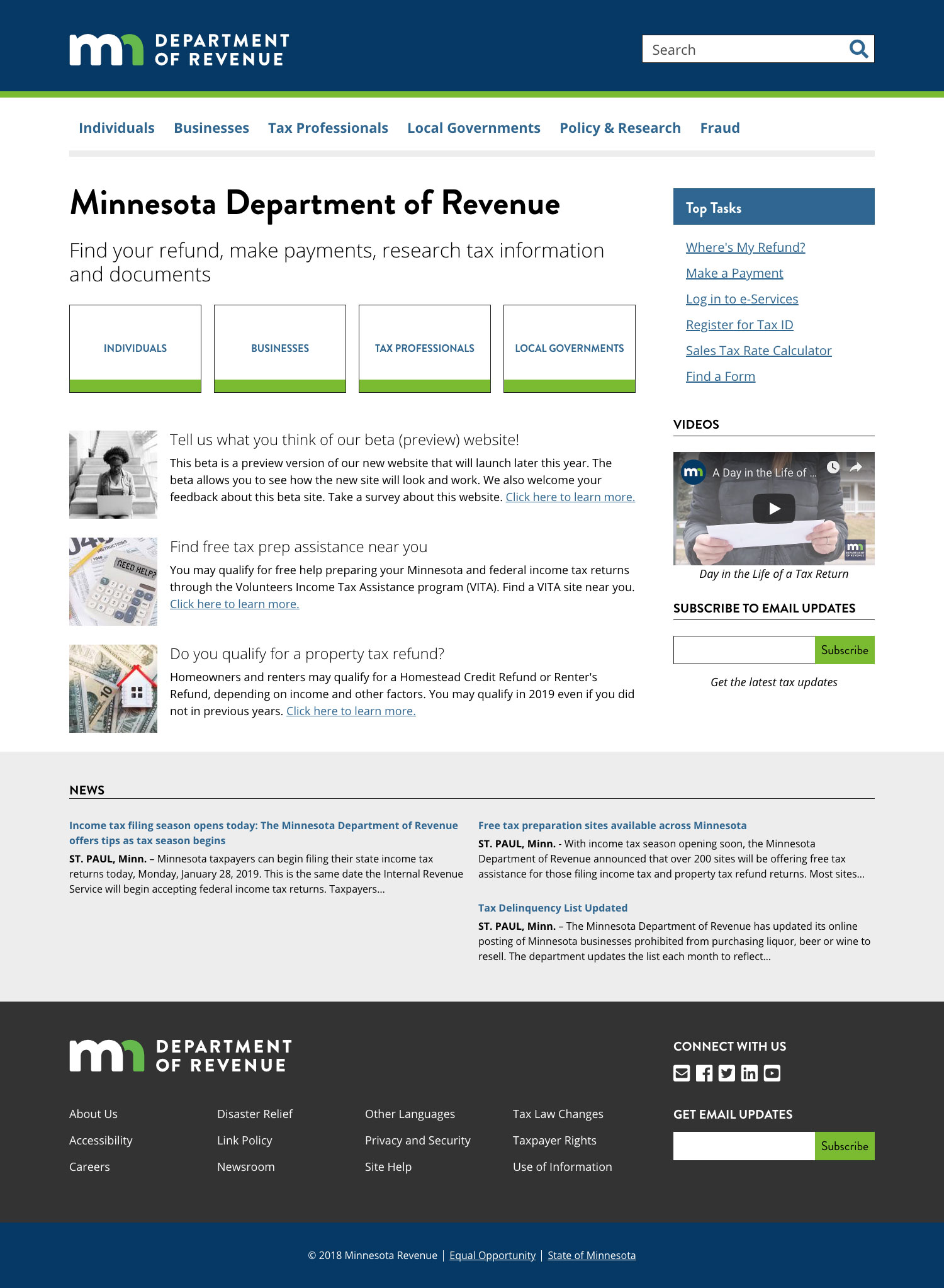 homepage of revenue website