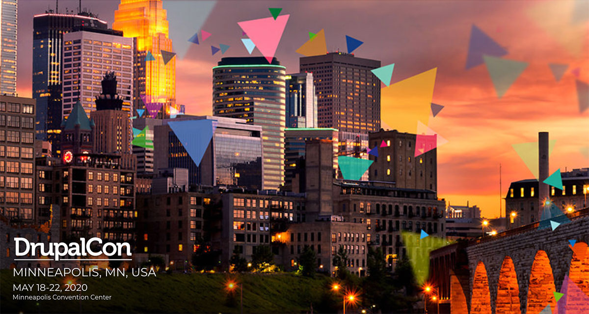 skyline at sunset in Minneapolis with DrupalCon 2020 type overlaid