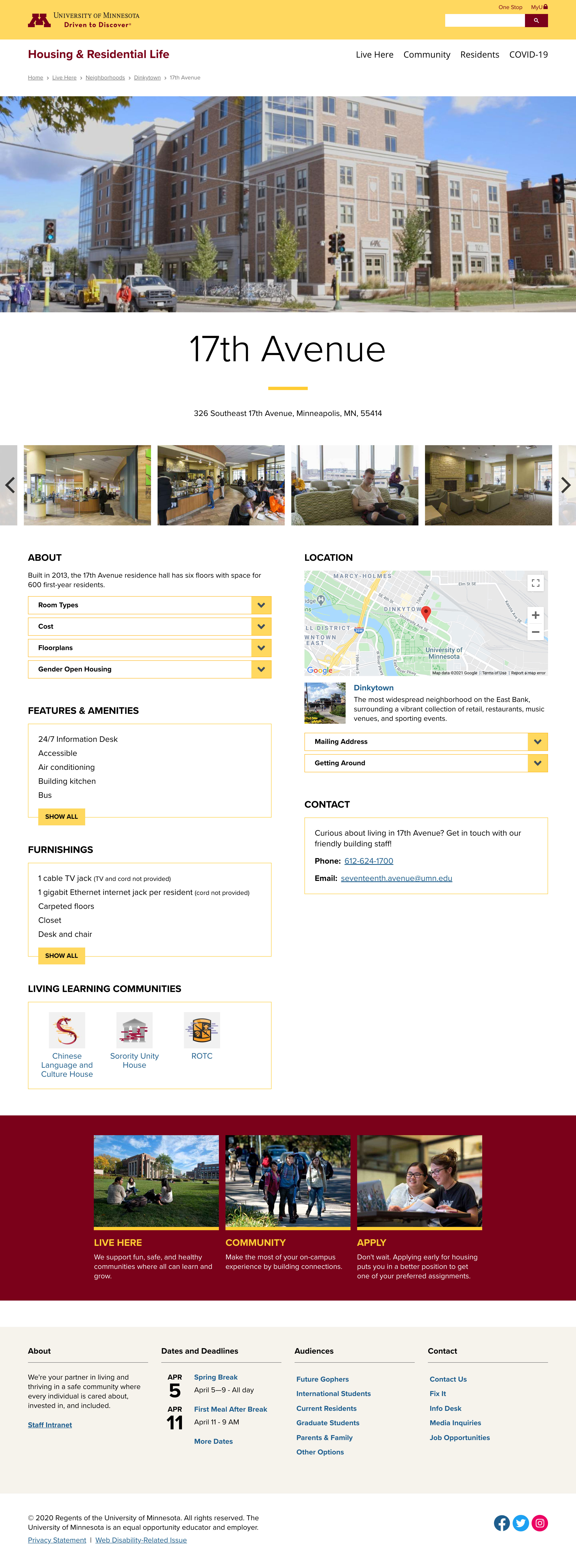 screenshot of an individual residential hall page