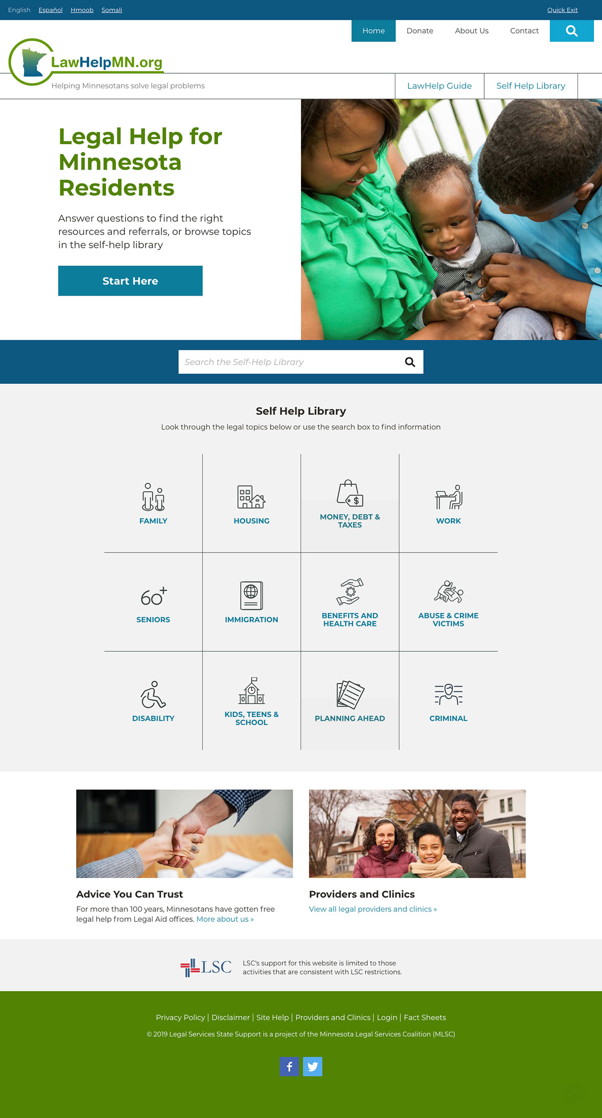 Homepage layout of LawHelpMN website