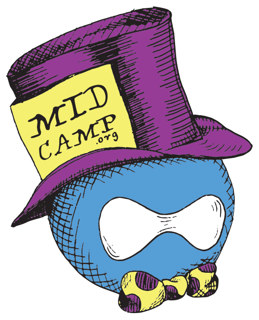 MidCamp logo, drupal icon with purple top hat