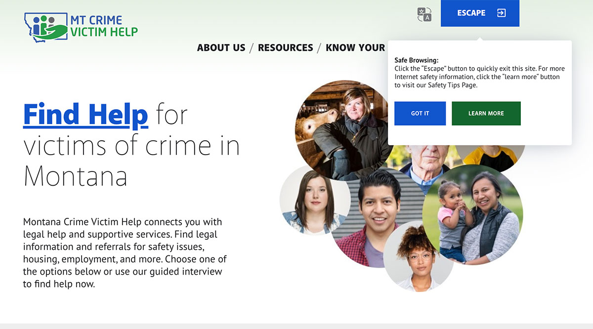 screenshot of MT Crime Victims escape button