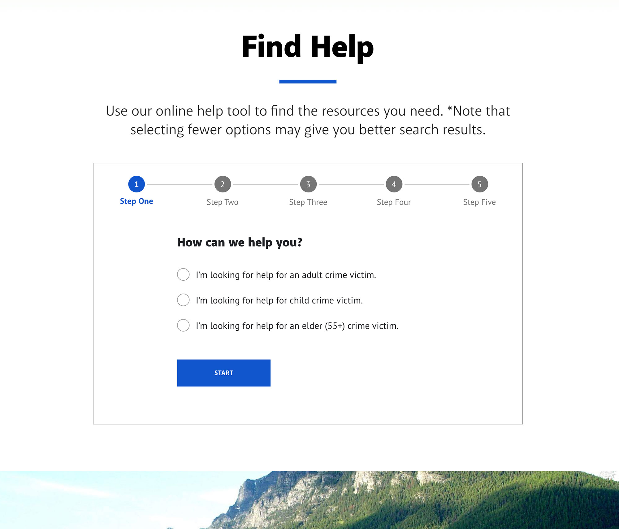 screenshot of the Find Help questions on Montana crime victims website
