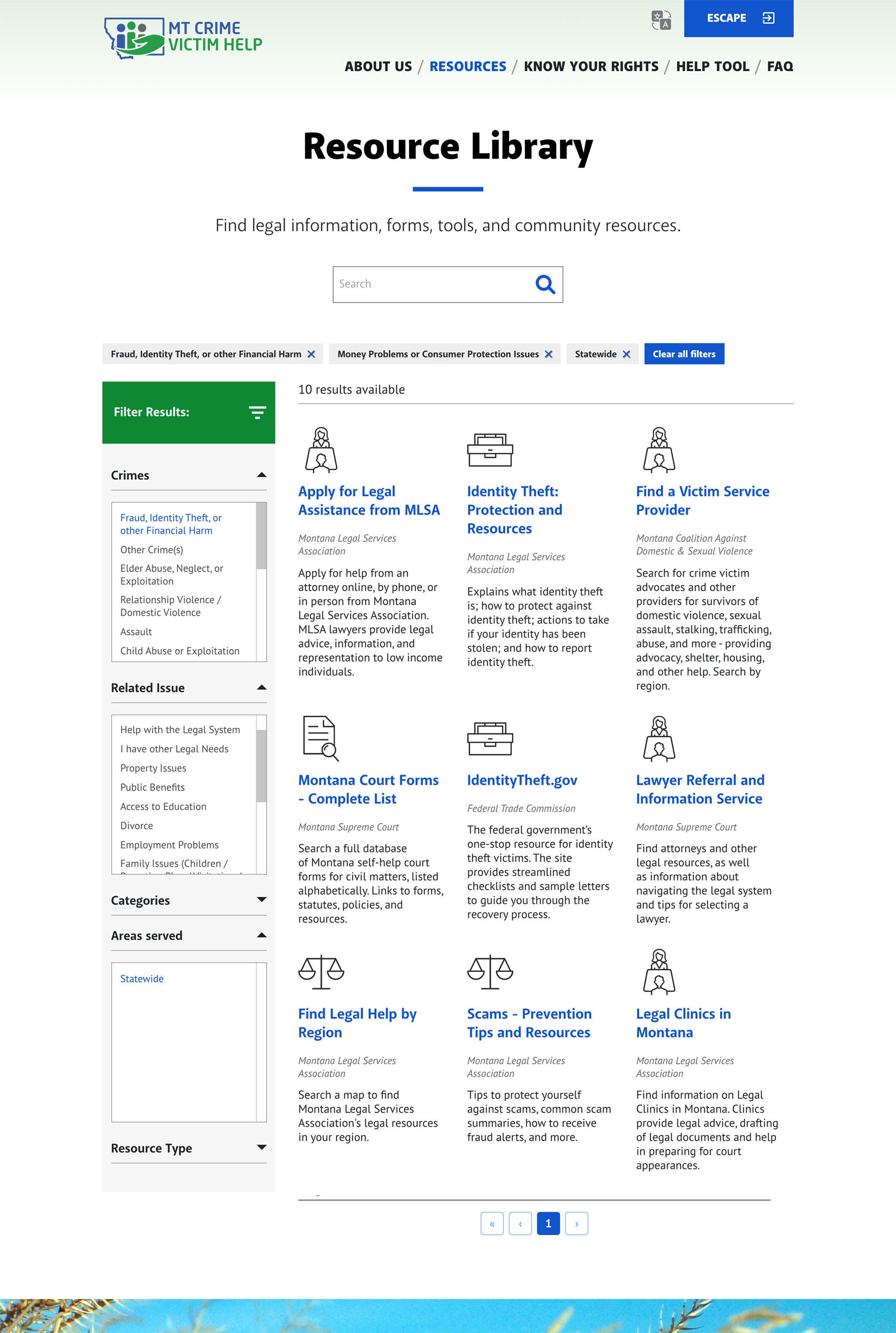 screenshot of Montana resources page, with filtered terms active and list of results