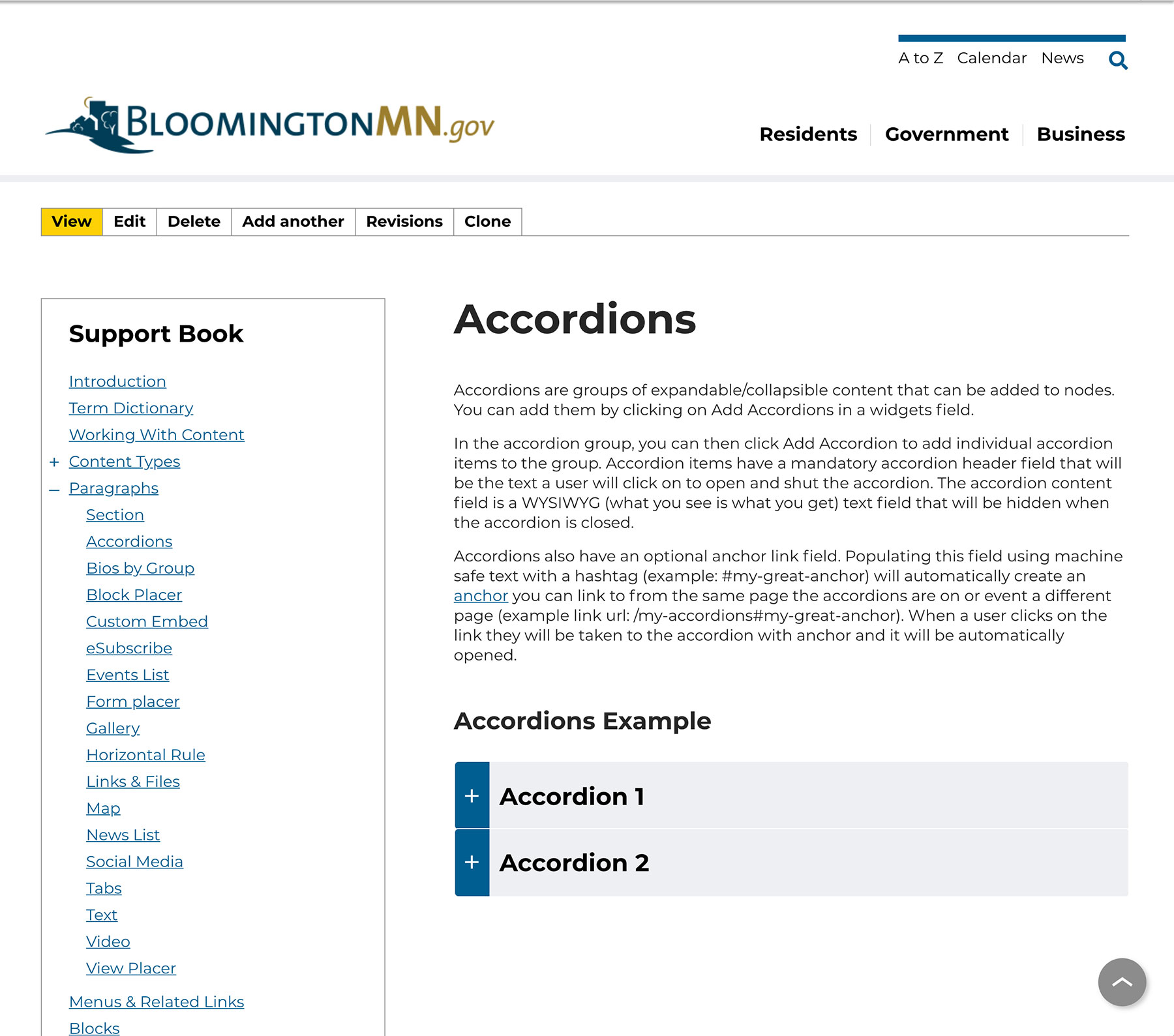 Screenshot of a webpage with sample support book content