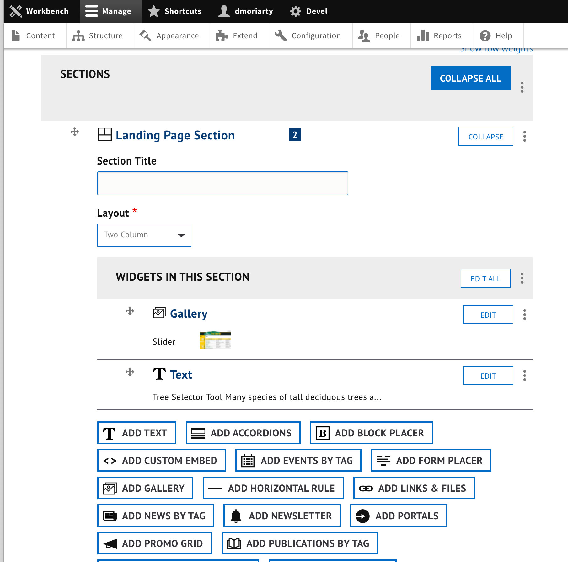 sample edit screen with content widgets in use