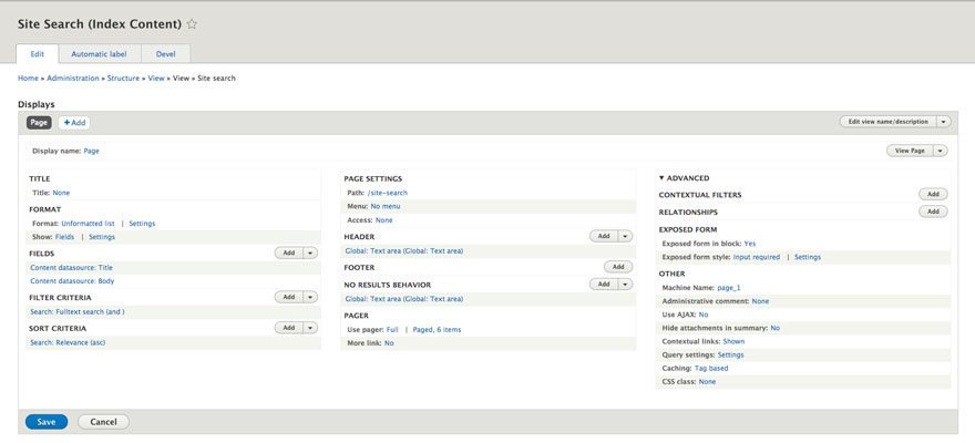 Screenshot of custom search view page