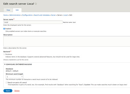 Screenshot of search api server configuration