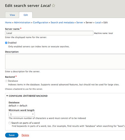 Screenshot of Search API search server configuration