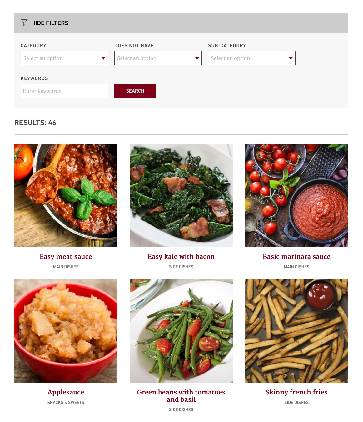 screenshot of the "all recipes" page, with images of various dishes in a 3x3 grid and tools to filter results