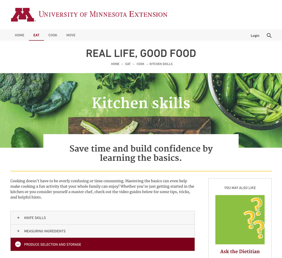 screenshot of the "kitchen skills" page, with a large banner of green beans and minimal text