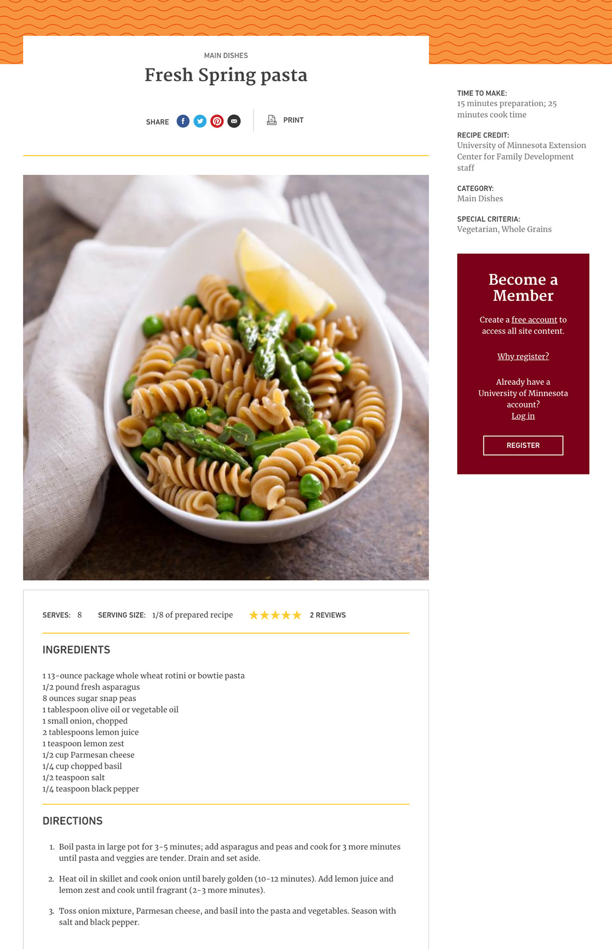 screenshot of an individual recipe page, with an image of a pasta dish and some directions