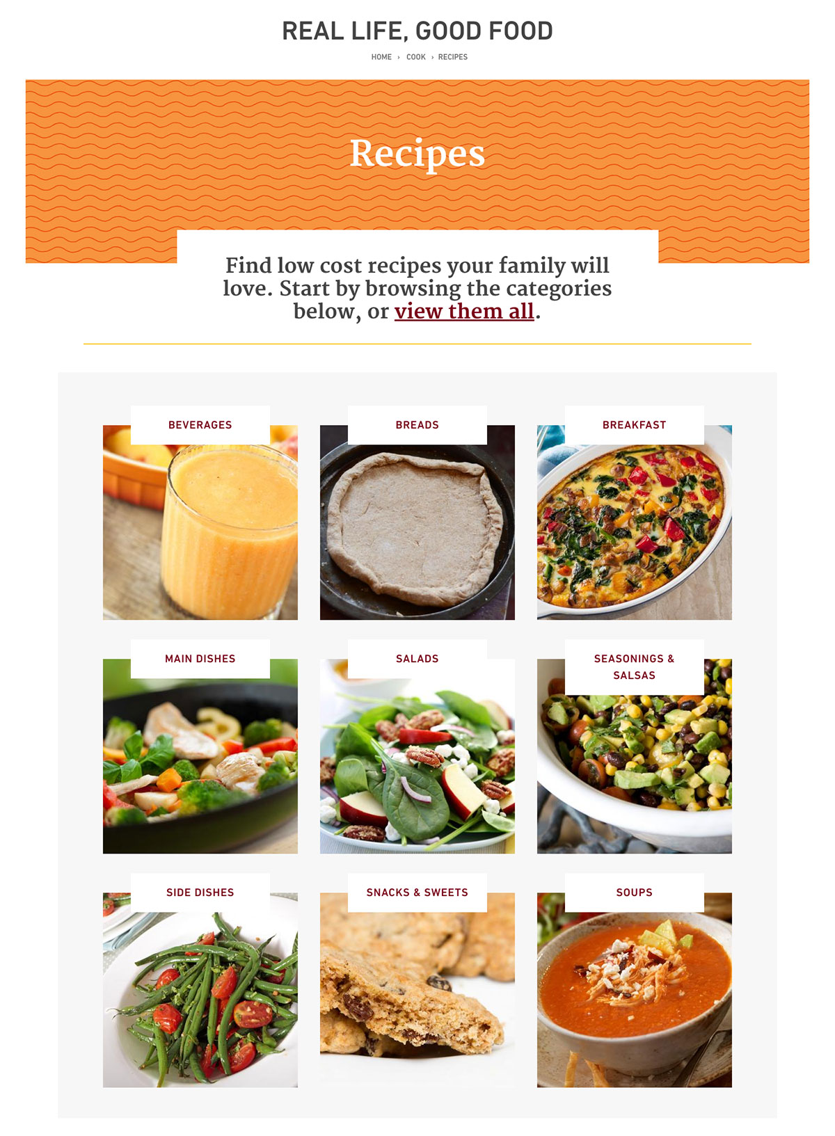 screenshot of the recipe categories, with food-related images in a grid and series of links