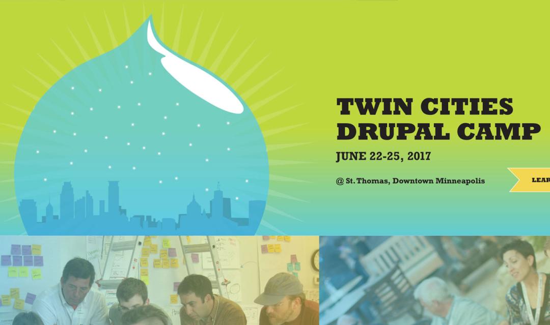 Screengrab of Twin Cities Drupal website, with snowglobe logo in blue and green background