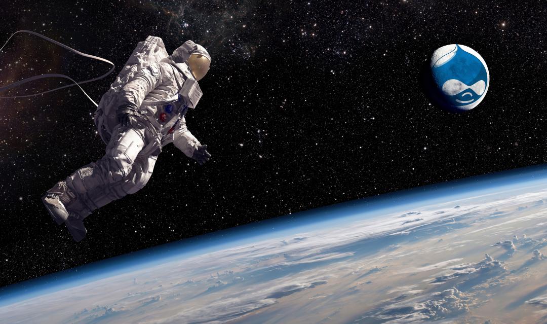 astronaut in full suite doing a spacewalk with a Drupal planet nearby