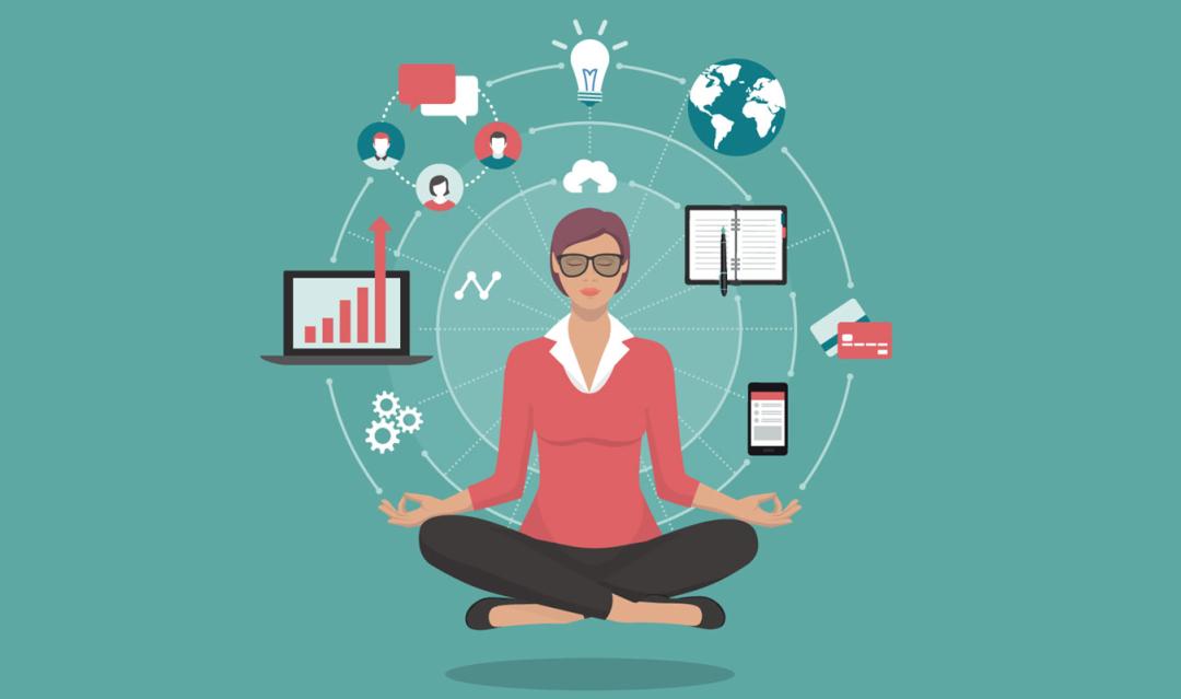 illustration of a woman in meditative pose with project management icons (computer, charts, ideas)