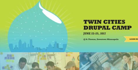Screengrab of Twin Cities Drupal website, with snowglobe logo in blue and green background