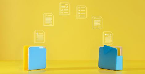 icons of two folders with data passing between them, on a gold background