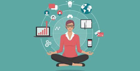 illustration of a woman in meditative pose with project management icons (computer, charts, ideas)