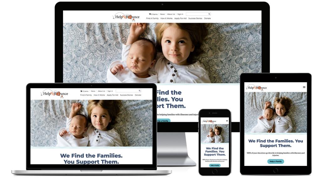 Help Me Bounce website homepage on different sized screens