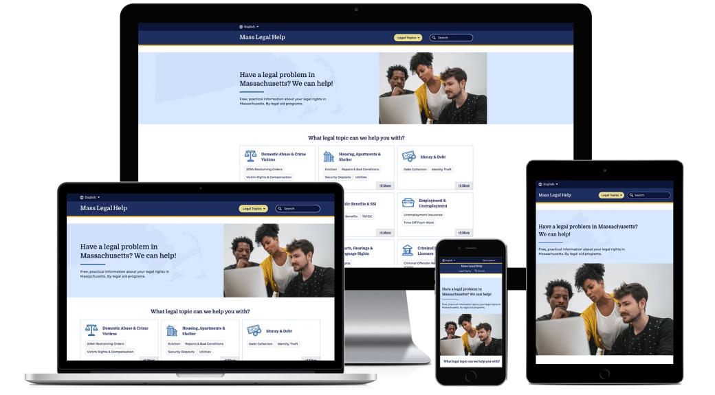 screenshot of MassLegalHelp website on different sized screens
