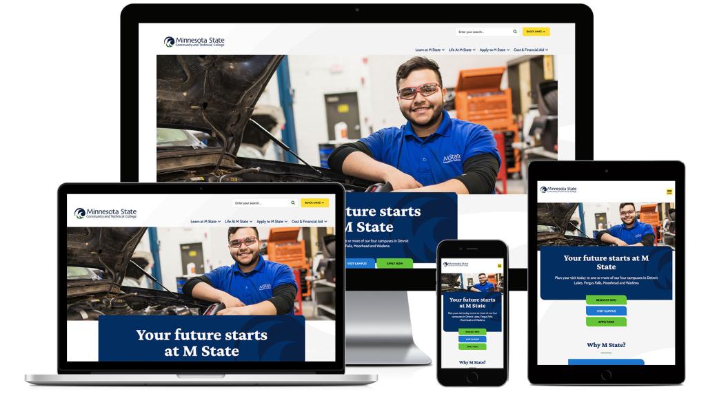mockup of Mstate homepage across different sized screens