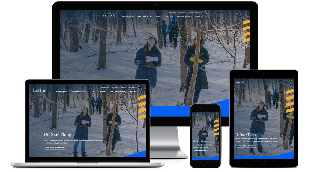 screenshot of UWEC homepage displayed on different size devices