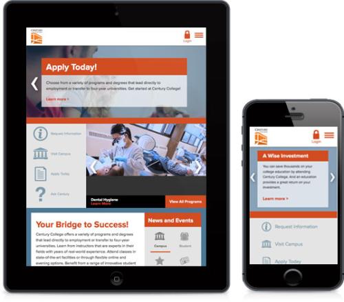 screenshot of Century College website on mobile and tablet