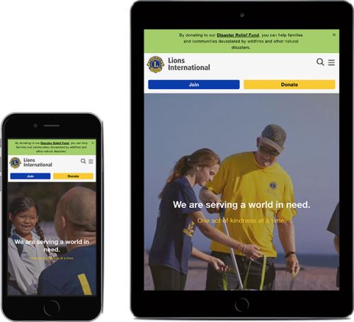Lions Clubs website on mobile and tablet size screens
