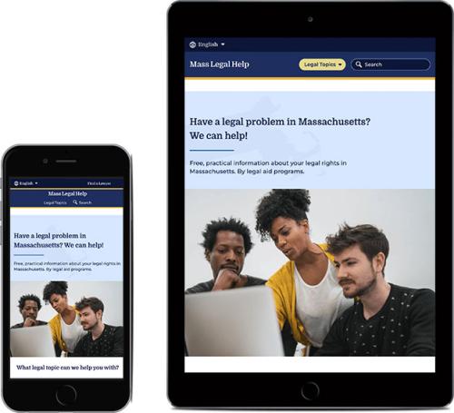 screenshot of MassLegalHelp website on tablet and mobile screens
