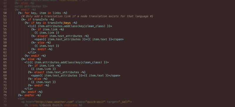 Screenshot of a custom language switcher links code with translation checks