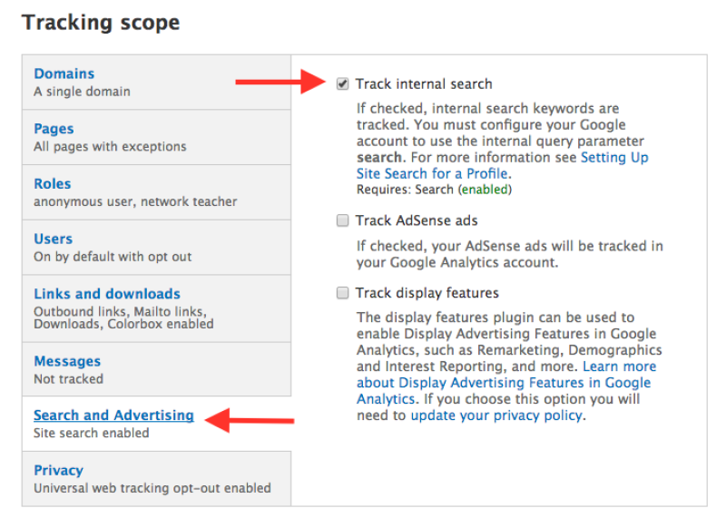 In Drupal, enable site search tracking in the Google Analytics module.