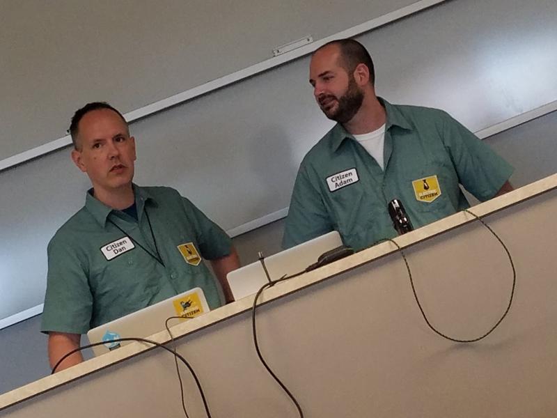 Dan and Adam at the front of the room, giving their talk about Drupal 8 layout