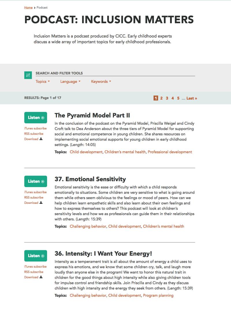 screenshot of page listing available podcasts