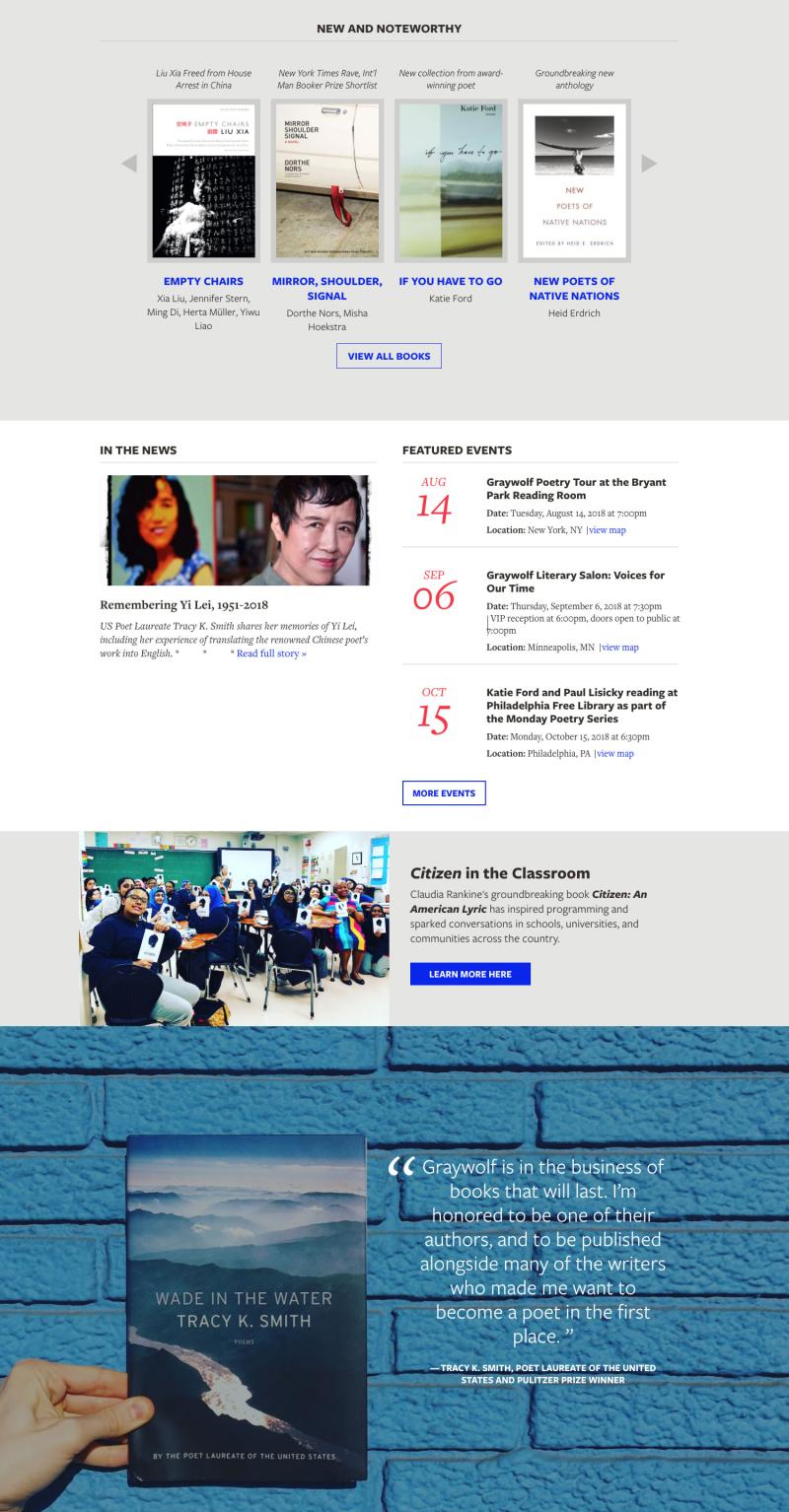 graywolf website, screenshot of homepage content, demonstrating new design