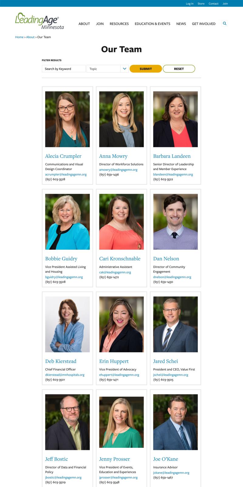 screenshot from the "Our Team" page on LeadingAge MN